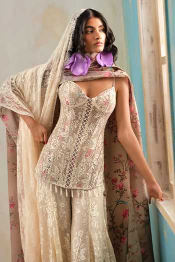 Shehlaa Khan_Cream Lace Sweetheart Neck, Yes Embellished Kurta Sharara Set _at_Aza_Fashions