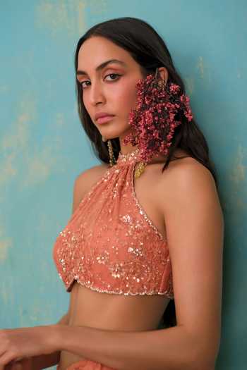 Shehlaa Khan_Coral Lace Halter Neck Embroidered Top Skirt Set _Online_at_Aza_Fashions