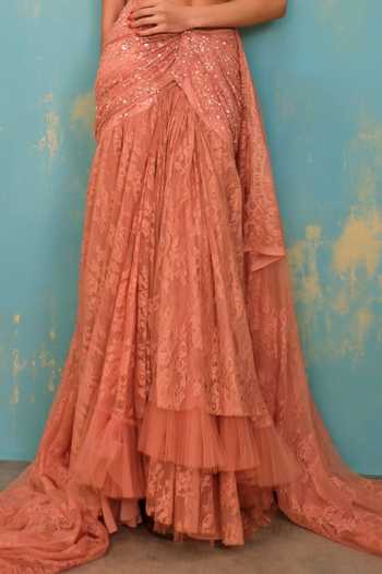 Buy_Shehlaa Khan_Coral Lace Halter Neck Embroidered Top Skirt Set _Online_at_Aza_Fashions