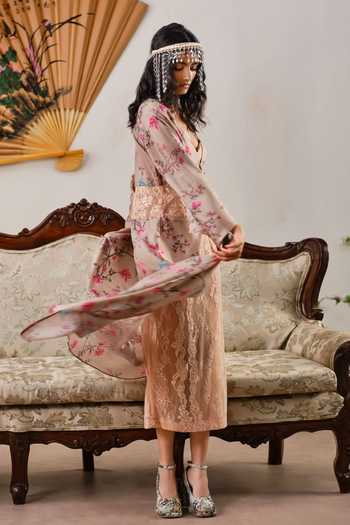 Shop_Shehlaa Khan_Gold Silk, Lace V-, Plunge Printed Kaftan Skirt Set _at_Aza_Fashions