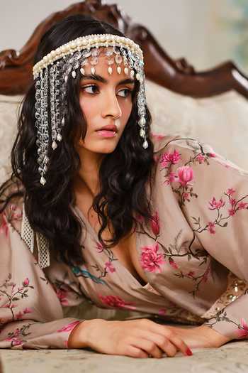 Shehlaa Khan_Gold Silk, Lace V-, Plunge Printed Kaftan Skirt Set _Online_at_Aza_Fashions