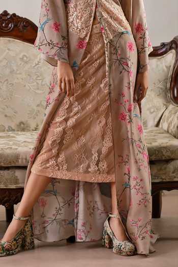 Buy_Shehlaa Khan_Gold Silk, Lace V-, Plunge Printed Kaftan Skirt Set _Online_at_Aza_Fashions