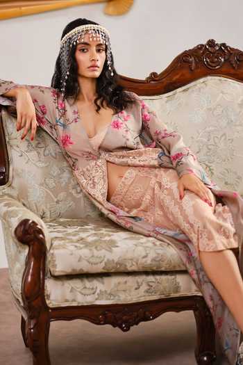 Shop_Shehlaa Khan_Gold Silk, Lace V-, Plunge Printed Kaftan Skirt Set _Online_at_Aza_Fashions