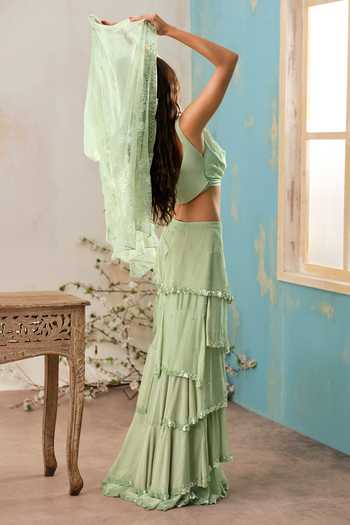 Shop_Shehlaa Khan_Green Chiffon, Lace Cowl Neck Top Ruffle Skirt Set _at_Aza_Fashions