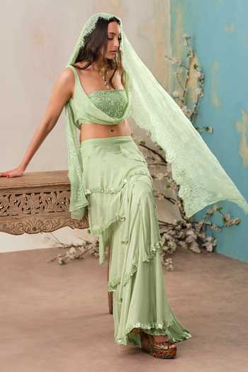 Buy_Shehlaa Khan_Green Chiffon, Lace Cowl Neck Top Ruffle Skirt Set _at_Aza_Fashions