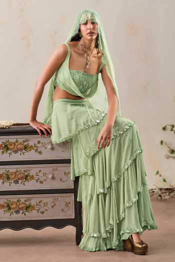 Shop_Shehlaa Khan_Green Chiffon, Lace Cowl Neck Top Ruffle Skirt Set _Online_at_Aza_Fashions