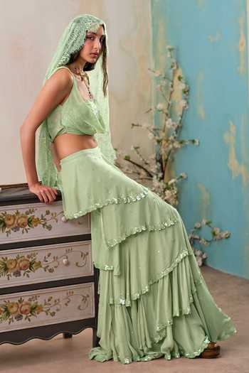 Shehlaa Khan_Green Chiffon, Lace Cowl Neck Top Ruffle Skirt Set _at_Aza_Fashions