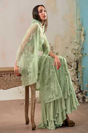 Buy_Shehlaa Khan_Green Chiffon, Lace Cowl Neck Top Ruffle Skirt Set 