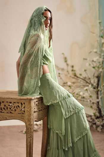 Shop_Shehlaa Khan_Green Chiffon, Lace Cowl Neck Top Ruffle Skirt Set 