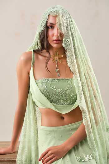 Shehlaa Khan_Green Chiffon, Lace Cowl Neck Top Ruffle Skirt Set _Online