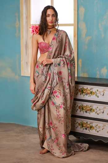 Buy_Shehlaa Khan_Beige Silk, Lace Sweetheart Neck Printed Pre-draped Saree With Blouse _at_Aza_Fashions