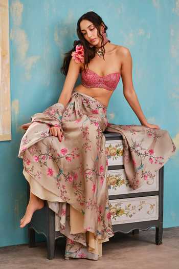 Buy_Shehlaa Khan_Beige Silk, Lace Sweetheart Neck Printed Pre-draped Saree With Blouse _Online_at_Aza_Fashions