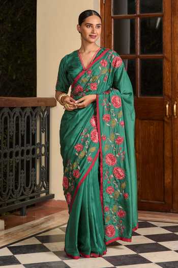 Buy_TA’Assur_Green Silk Applique Work Saree With Unstitched Blouse Piece _at_Aza_Fashions