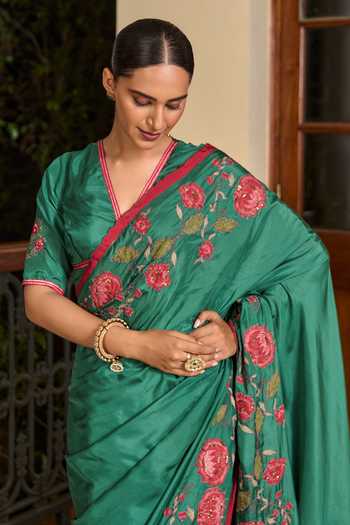 TA’Assur_Green Silk Applique Work Saree With Unstitched Blouse Piece _Online_at_Aza_Fashions