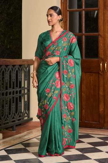 Shop_TA’Assur_Green Silk Applique Work Saree With Unstitched Blouse Piece _at_Aza_Fashions