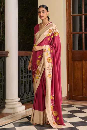 TA’Assur_Wine Silk Applique Saree With Unstitched Blouse Piece _Online_at_Aza_Fashions