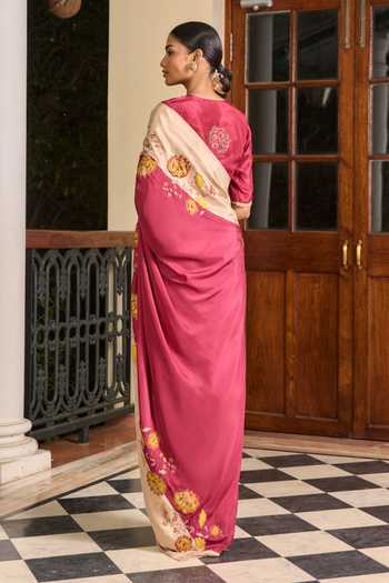 Shop_TA’Assur_Wine Silk Applique Saree With Unstitched Blouse Piece _at_Aza_Fashions