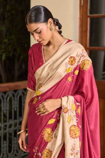 Buy_TA’Assur_Wine Silk Applique Saree With Unstitched Blouse Piece _Online_at_Aza_Fashions