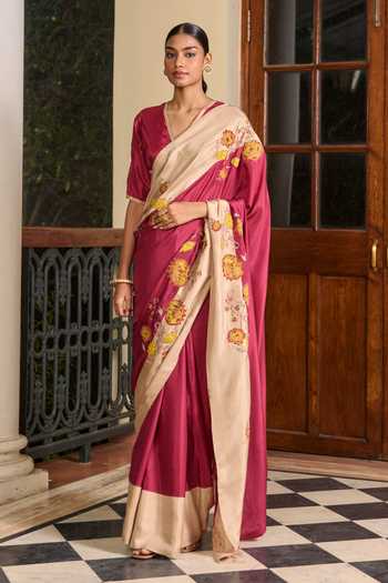 Buy_TA’Assur_Wine Silk Applique Saree With Unstitched Blouse Piece _at_Aza_Fashions