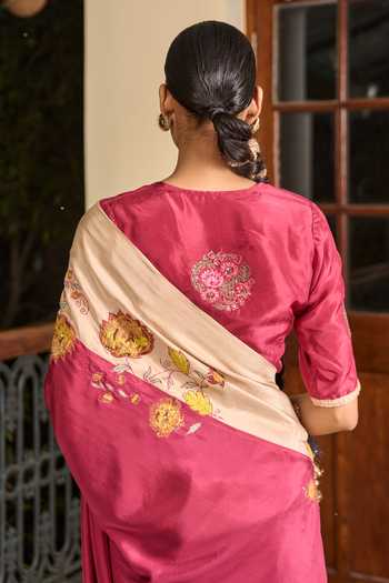 Shop_TA’Assur_Wine Silk Applique Saree With Unstitched Blouse Piece _Online_at_Aza_Fashions