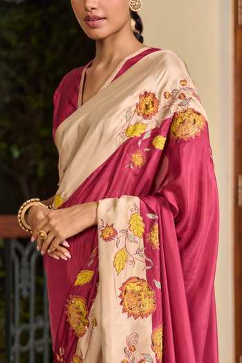 Buy_TA’Assur_Wine Silk Applique Saree With Unstitched Blouse Piece 