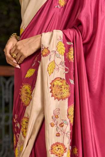 TA’Assur_Wine Silk Applique Saree With Unstitched Blouse Piece _Online