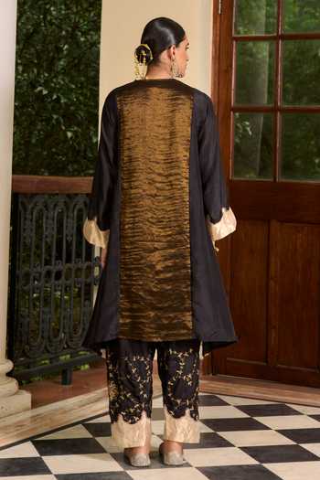 Shop_TA’Assur_Black Silk, Tissue Split V-neck Hand Embroidered Kurta Set _at_Aza_Fashions