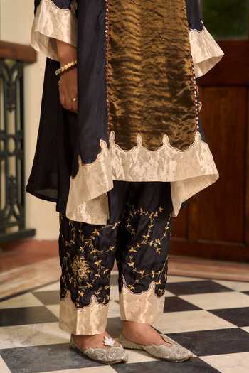 Shop_TA’Assur_Black Silk, Tissue Split V-neck Hand Embroidered Kurta Set _Online_at_Aza_Fashions