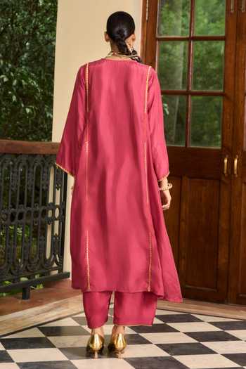 Shop_TA’Assur_Wine Silk Round Neck Applique Hand Embroidered Kurta Set _at_Aza_Fashions