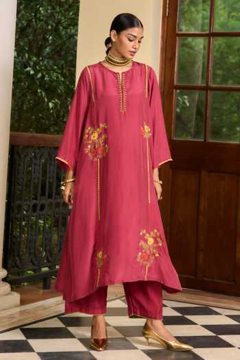 TA’Assur_Wine Silk Round Neck Applique Hand Embroidered Kurta Set _at_Aza_Fashions