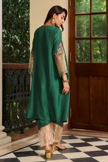 Shop_TA’Assur_Green Silk Round Neck, Yes Hand Embroidered Kurta Set _at_Aza_Fashions