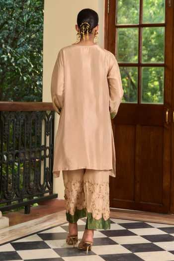 Shop_TA’Assur_Beige Silk V-neck, Yes Hand Embroidered Kurta Set _at_Aza_Fashions