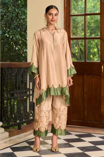 Shop_TA’Assur_Beige Silk V-neck, Yes Hand Embroidered Kurta Set _Online_at_Aza_Fashions