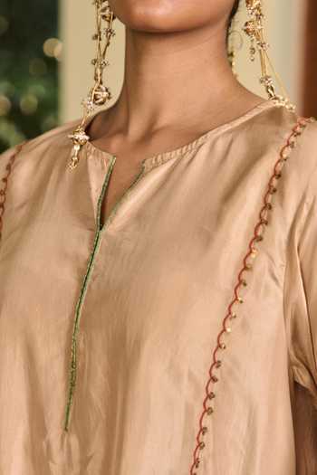 TA’Assur_Beige Silk V-neck, Yes Hand Embroidered Kurta Set _at_Aza_Fashions