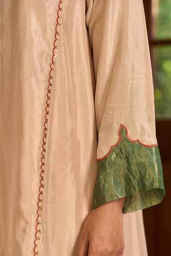 Shop_TA’Assur_Beige Silk V-neck, Yes Hand Embroidered Kurta Set 