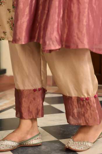 TA’Assur_Beige Silk Printed Kurta Set _Online_at_Aza_Fashions