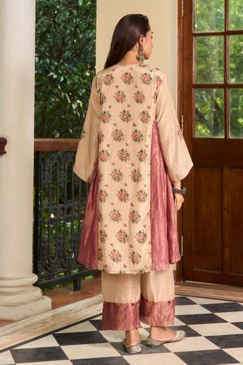 Shop_TA’Assur_Beige Silk Printed Kurta Set _at_Aza_Fashions