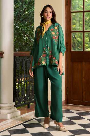 Buy_TA’Assur_Green Silk Collared Neck Applique Work Shirt And Pant Set _Online_at_Aza_Fashions