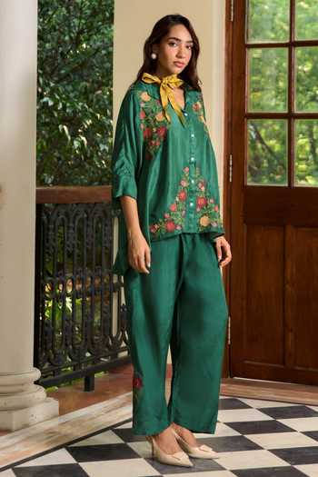 Shop_TA’Assur_Green Silk Collared Neck Applique Work Shirt And Pant Set _Online_at_Aza_Fashions