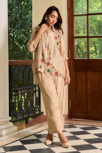 Buy_TA’Assur_Beige Silk Collared Neck Applique Work Shirt And Pant Set _at_Aza_Fashions