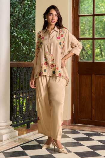 Shop_TA’Assur_Beige Silk Collared Neck Applique Work Shirt And Pant Set _Online_at_Aza_Fashions