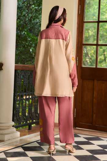 Shop_TA’Assur_Multi Color Chanderi Collared Neck Applique Work Shirt And Pant Set _at_Aza_Fashions