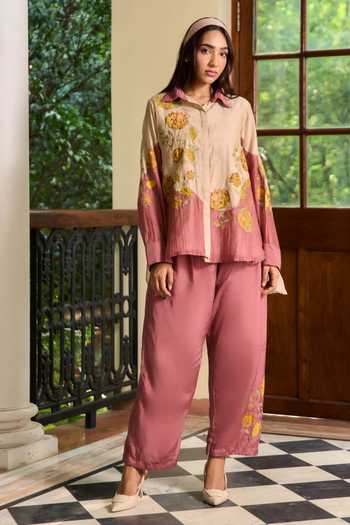 Buy_TA’Assur_Multi Color Chanderi Collared Neck Applique Work Shirt And Pant Set _at_Aza_Fashions