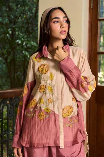 Shop_TA’Assur_Multi Color Chanderi Collared Neck Applique Work Shirt And Pant Set _Online_at_Aza_Fashions