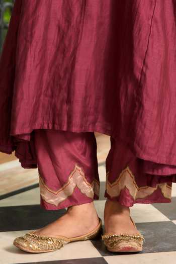 TA’Assur_Wine Chanderi, Tissue Embroidered Kurta Set _Online_at_Aza_Fashions