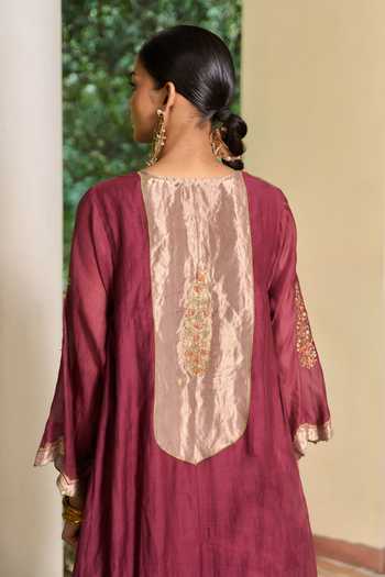 Buy_TA’Assur_Wine Chanderi, Tissue Embroidered Kurta Set _Online_at_Aza_Fashions
