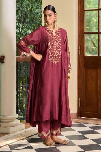 Shop_TA’Assur_Wine Chanderi, Tissue Embroidered Kurta Set _Online_at_Aza_Fashions
