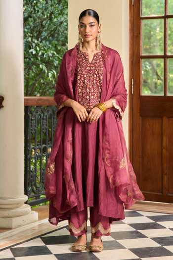 Buy_TA’Assur_Wine Chanderi, Tissue Embroidered Kurta Set _at_Aza_Fashions