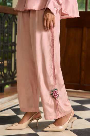 TA’Assur_Pink Silk Collared Neck Applique Hand Embroidered Shirt And Pant Set _Online_at_Aza_Fashions