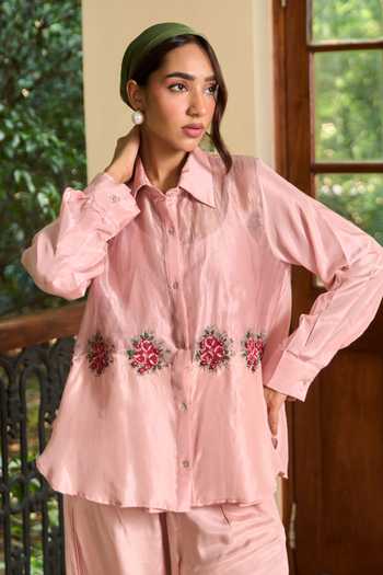 Buy_TA’Assur_Pink Silk Collared Neck Applique Hand Embroidered Shirt And Pant Set _Online_at_Aza_Fashions